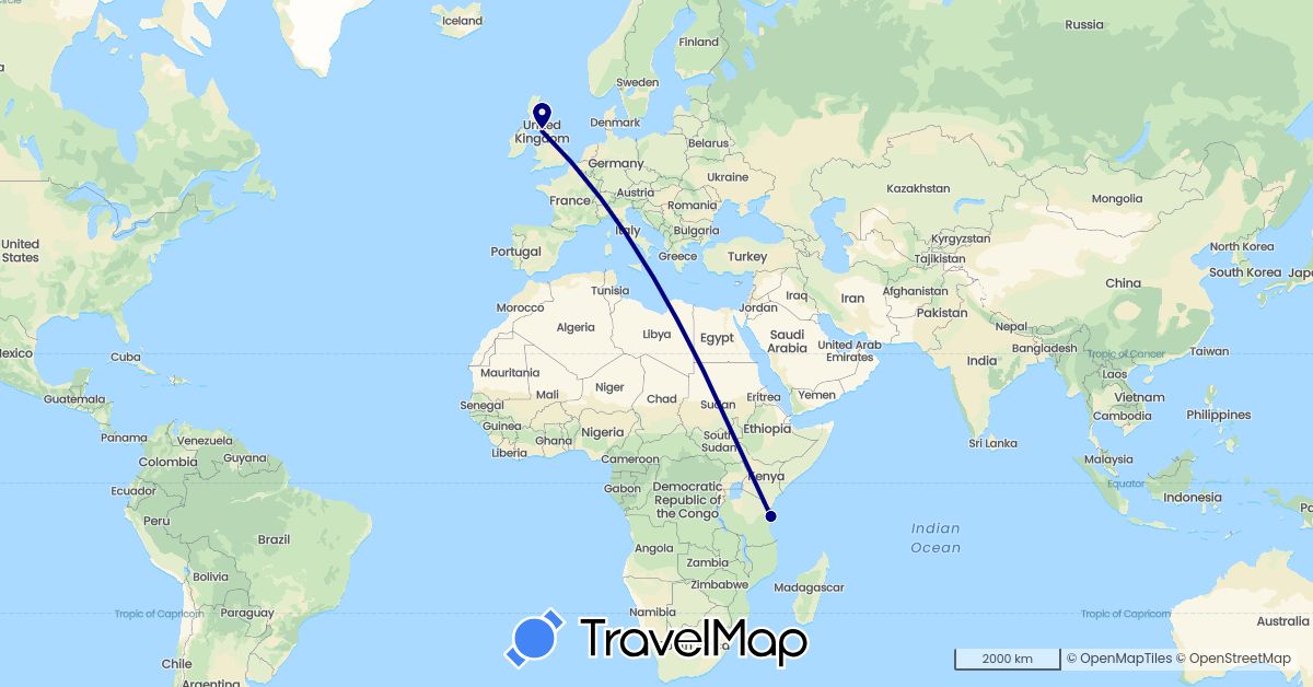 TravelMap itinerary: driving in United Kingdom, Tanzania (Africa, Europe)
